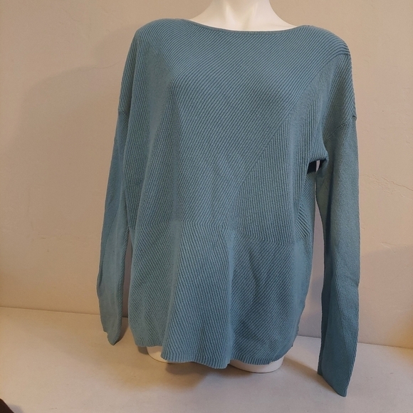 J Jill Blue Sweater Top Size L Geometric‎  Lines Knit Thick Oversized Boat Neck - Picture 1 of 10